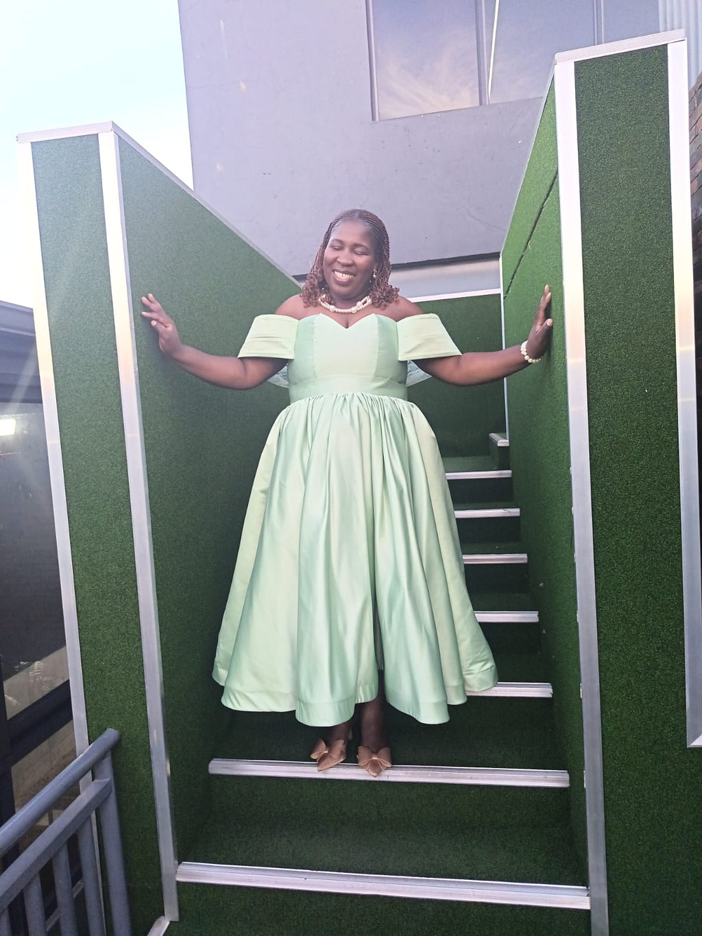The Mint Grace Off-Shoulder Ball Gown